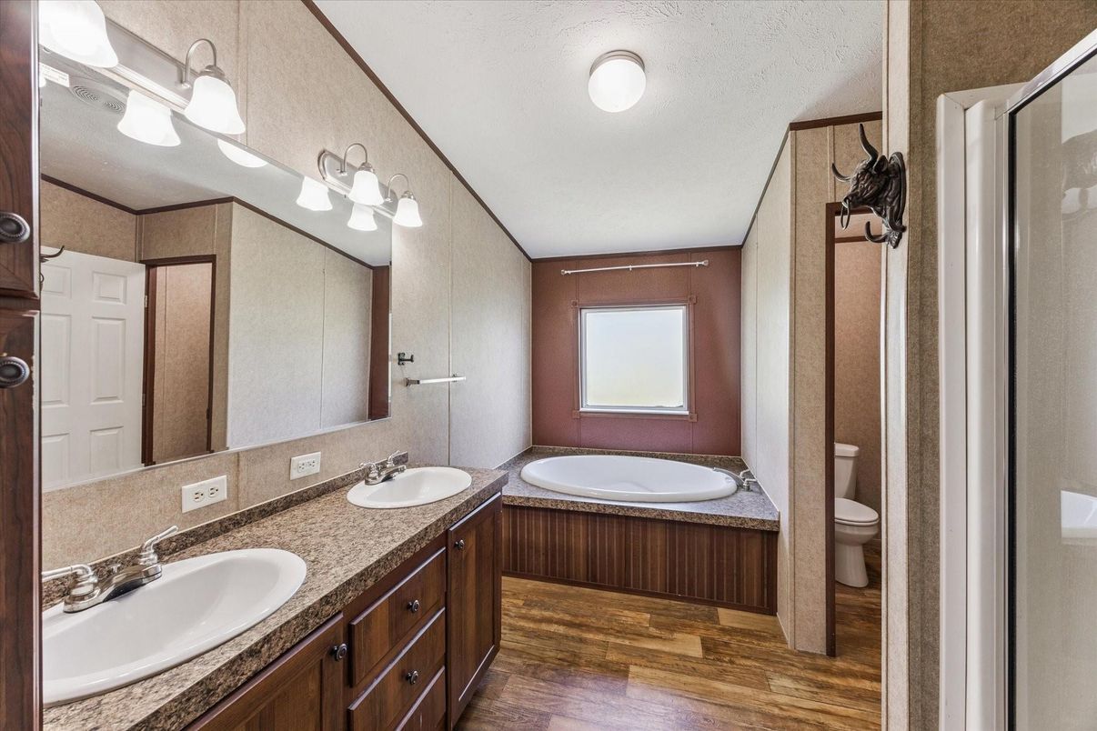 Bathroom, Dual Sink Vanities, Interior, Wood Texture Flooring