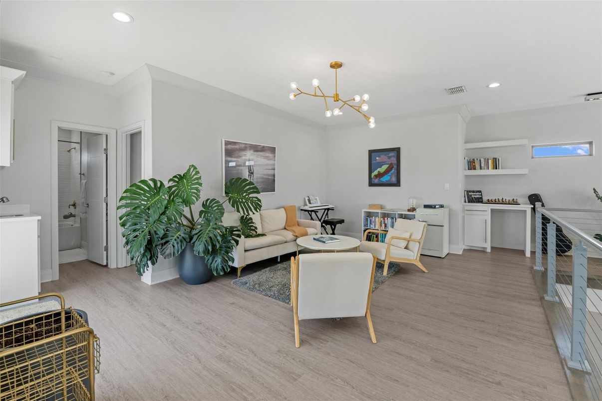 Interior, Living room, Pendant Lights, Recessed Lighting, Wood Texture Flooring