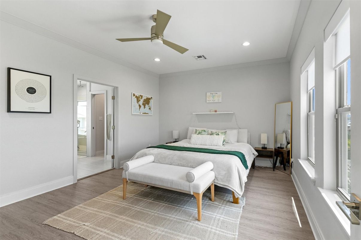 Bedroom, Interior, Recessed Lighting, Wood Texture Flooring