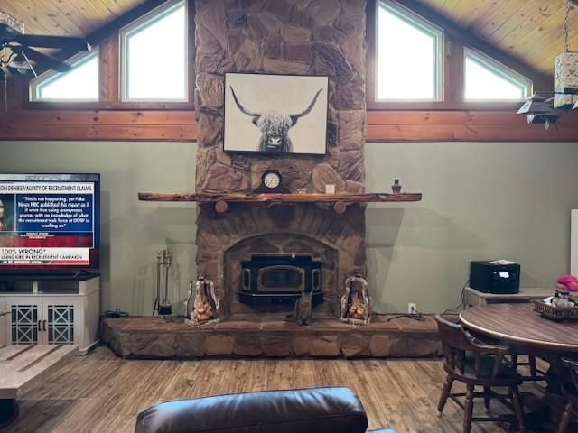 Dining room, Fireplace, Interior, Stone Walls, Wooden Ceilings, Wood Texture Flooring, Wooden Walls