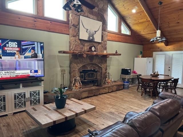 Dining room, Fireplace, Interior, Living room, Recessed Lighting, Wooden Beams, Wooden Ceilings, Wood Texture Flooring, Wooden Walls