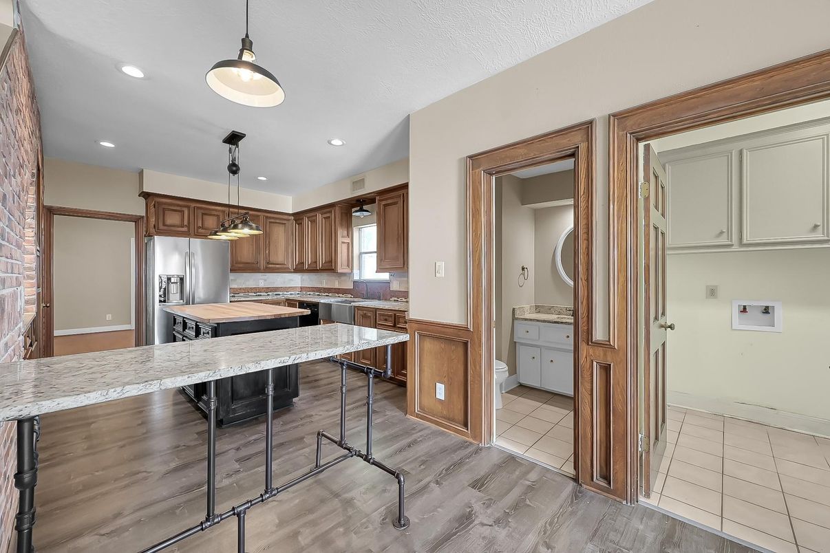 Interior, Kitchen, Pendant Lights, Recessed Lighting, Wood Texture Flooring
