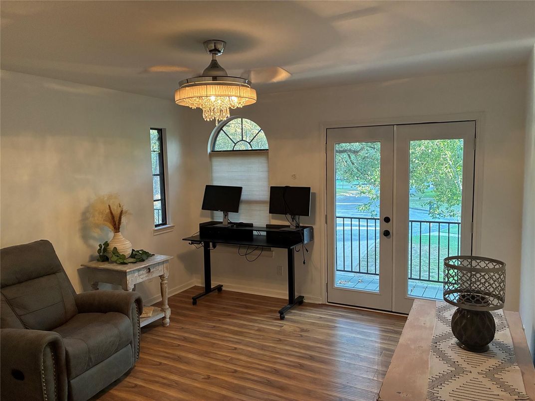 Chandelier, Home Office, Interior, Wood Texture Flooring