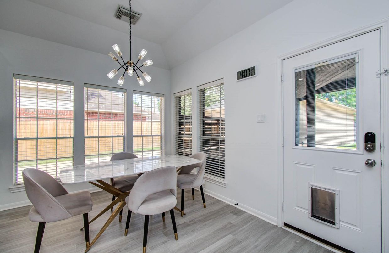Dining room, Interior, Pendant Lights, Wood Texture Flooring