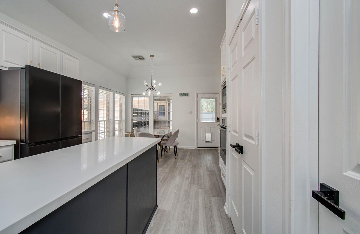Dining room, Interior, Pendant Lights, Recessed Lighting, Wood Texture Flooring