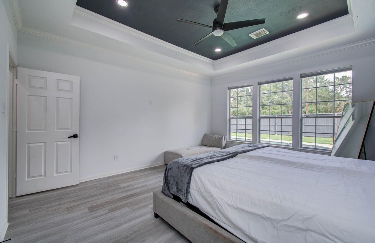 Bedroom, Interior, Recessed Lighting, Wood Texture Flooring