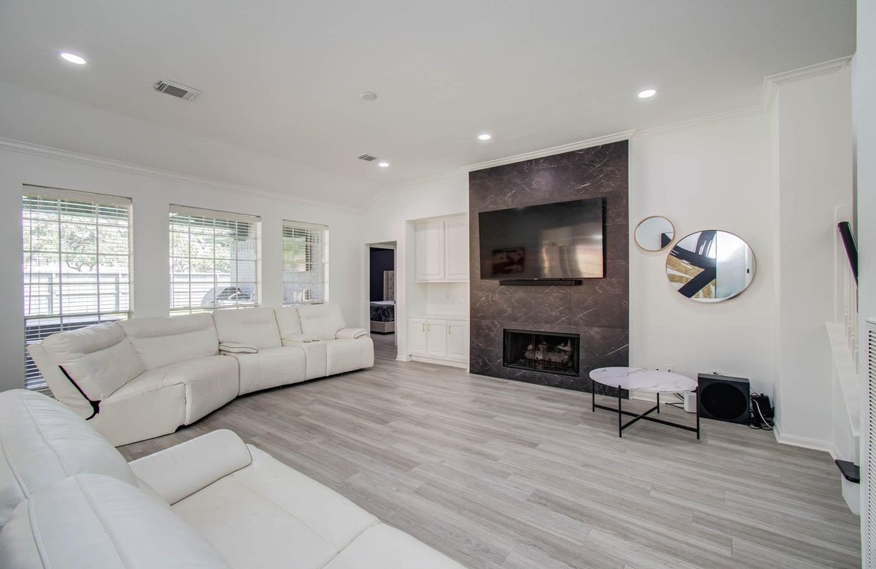 Fireplace, Interior, Living room, Recessed Lighting, Wood Texture Flooring