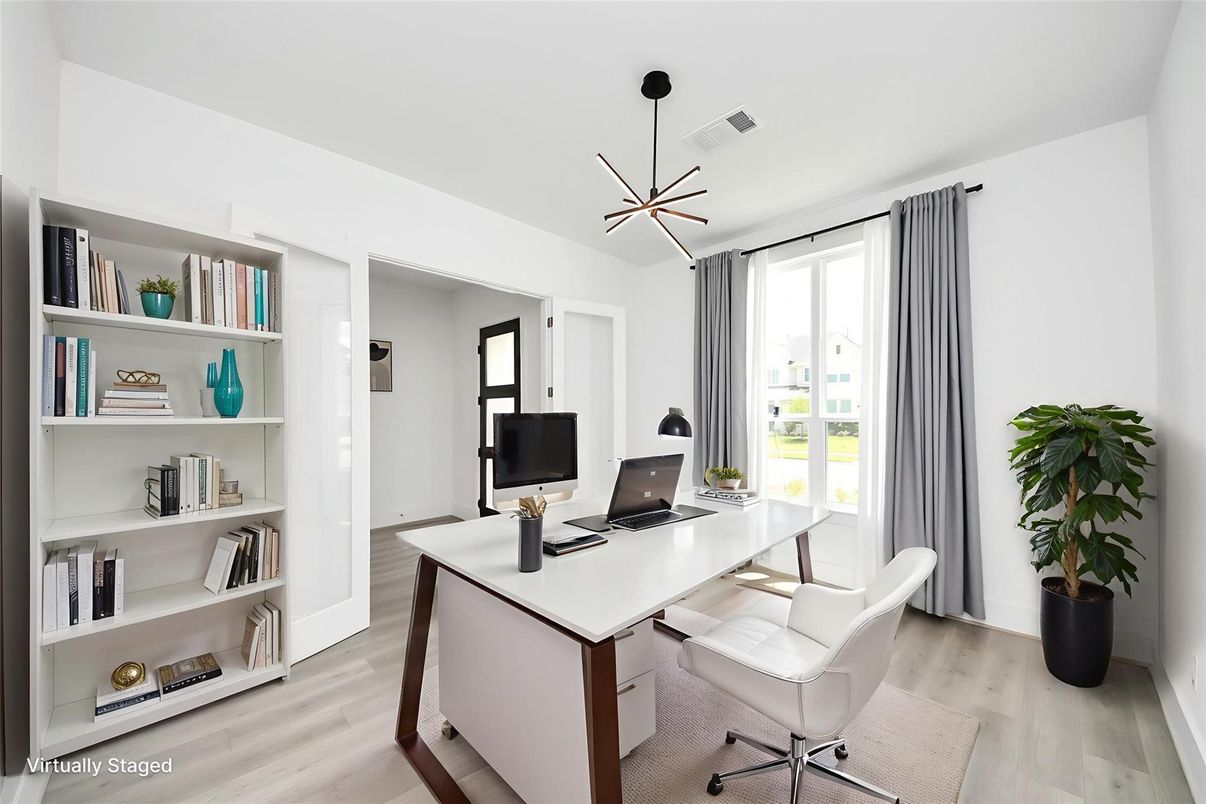 Home Office, Interior, Pendant Lights, Wood Texture Flooring