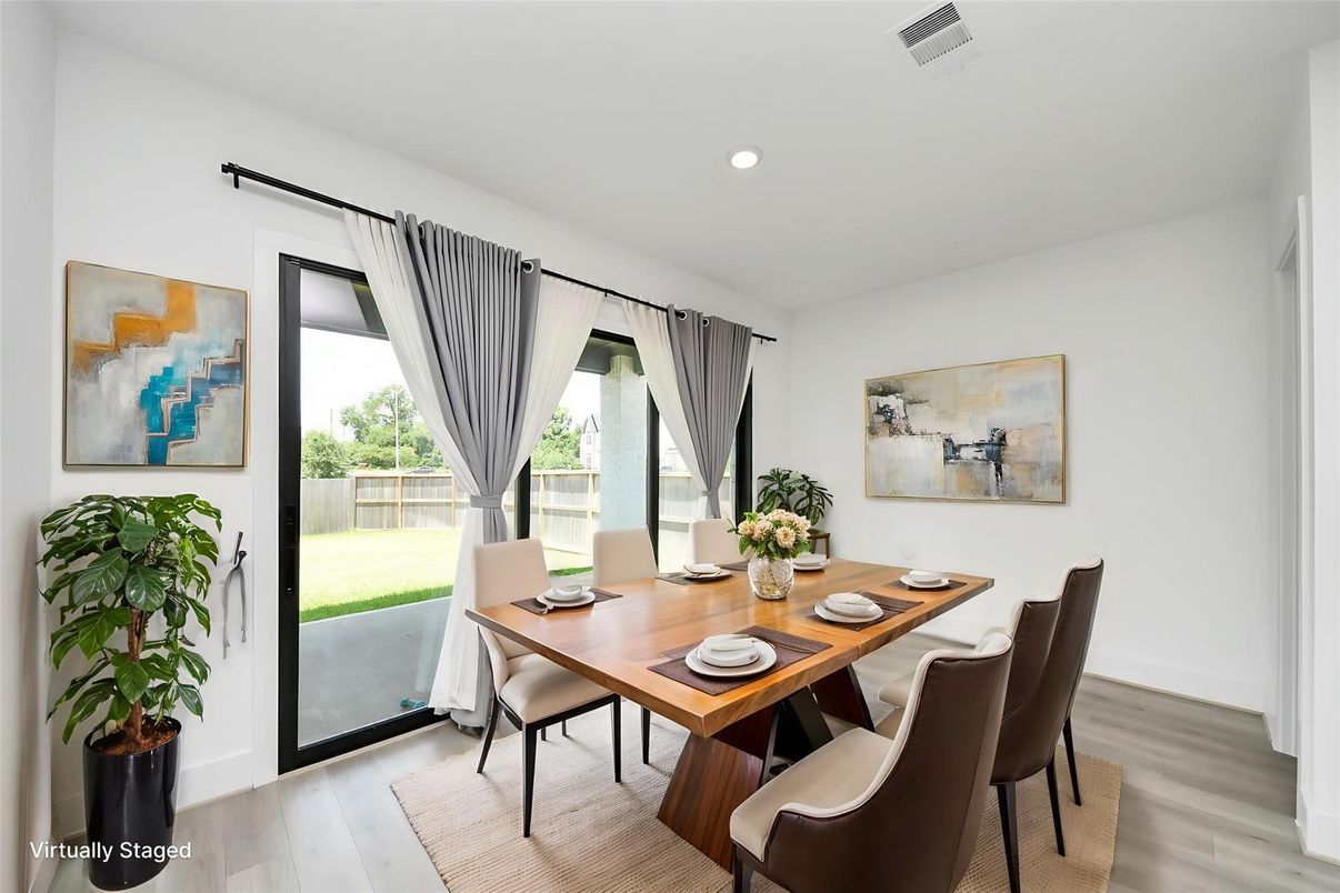 Dining room, Interior, Recessed Lighting, Wood Texture Flooring