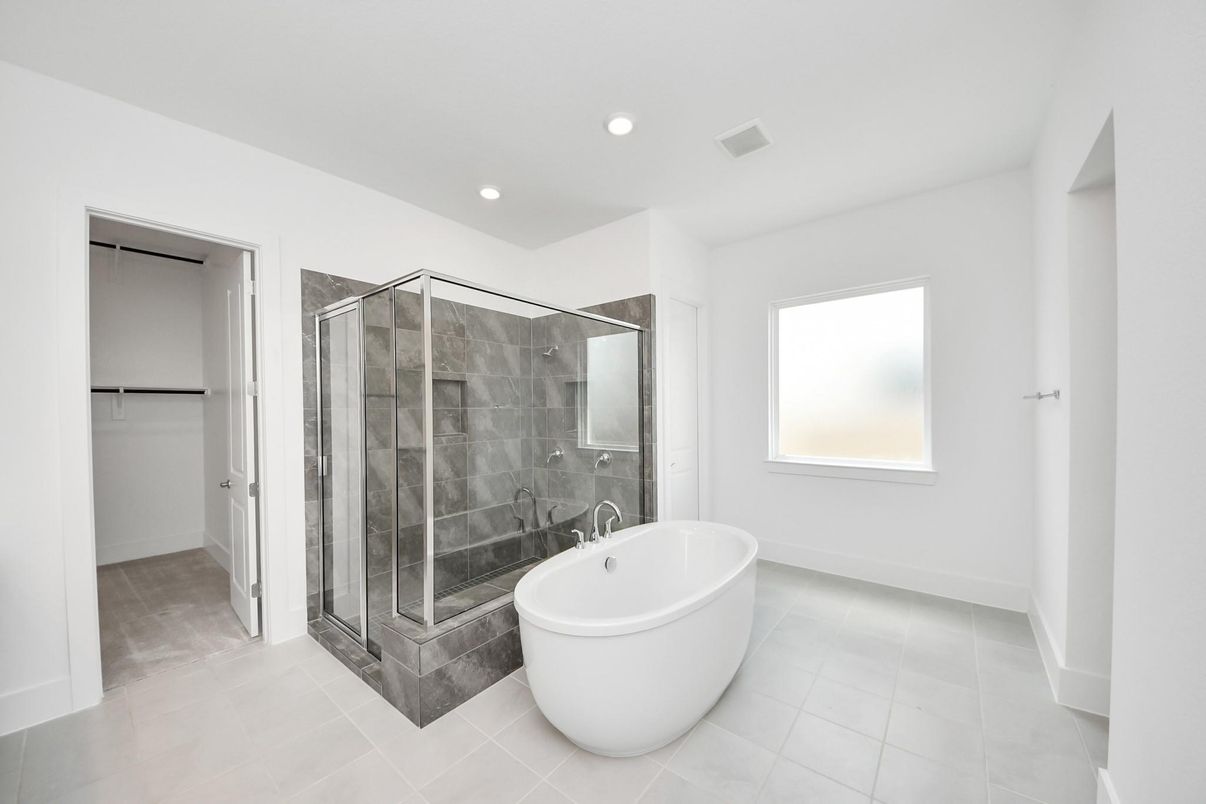 Bathroom, Free Standing Baths, Glass Shower, Interior, Recessed Lighting