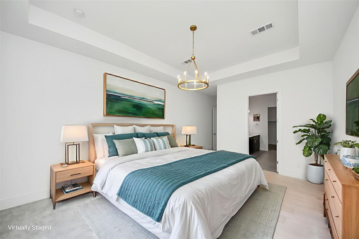 Bedroom, Interior, Pendant Lights, Wood Texture Flooring
