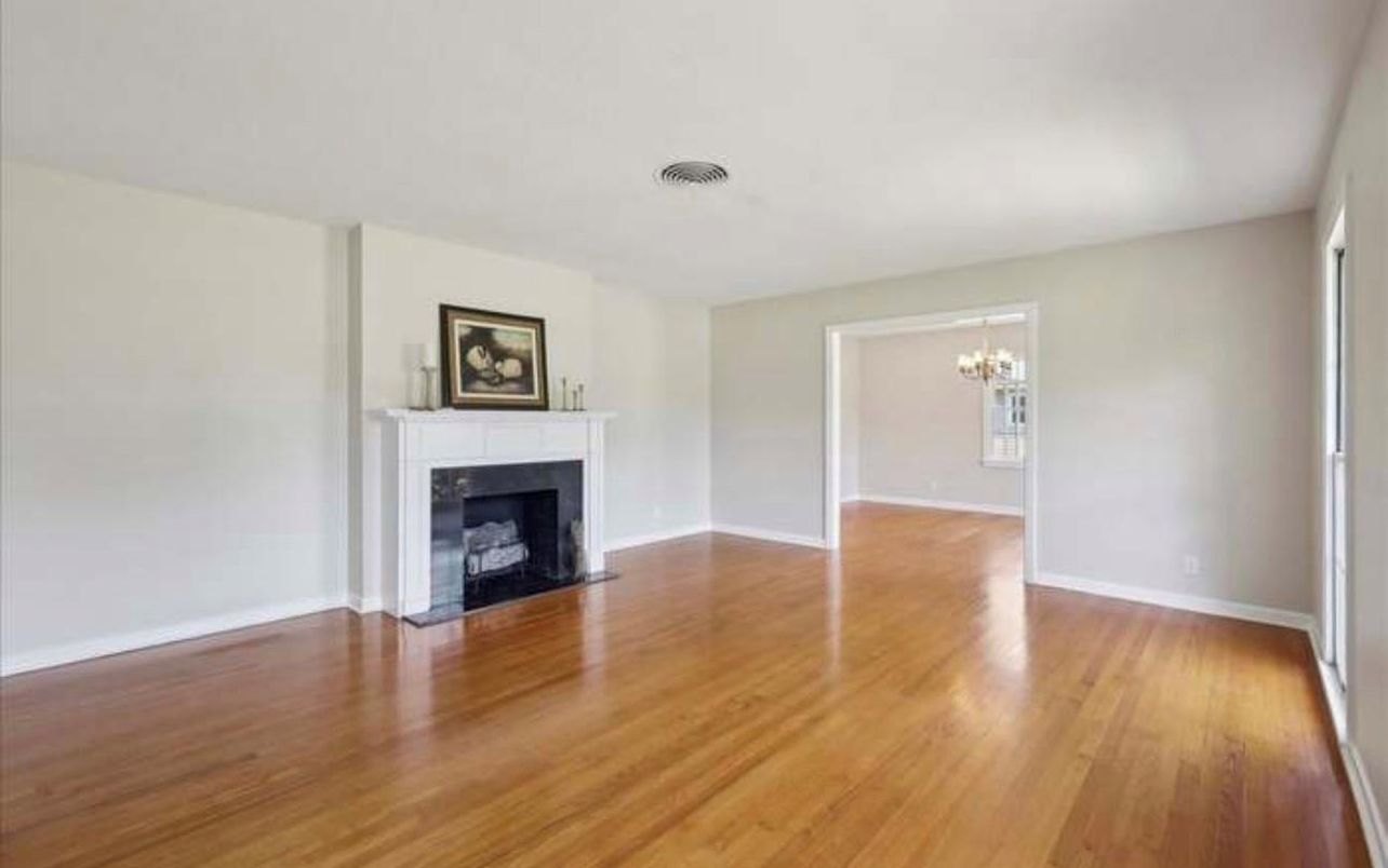 Chandelier, Empty room, Fireplace, Interior, Wood Texture Flooring