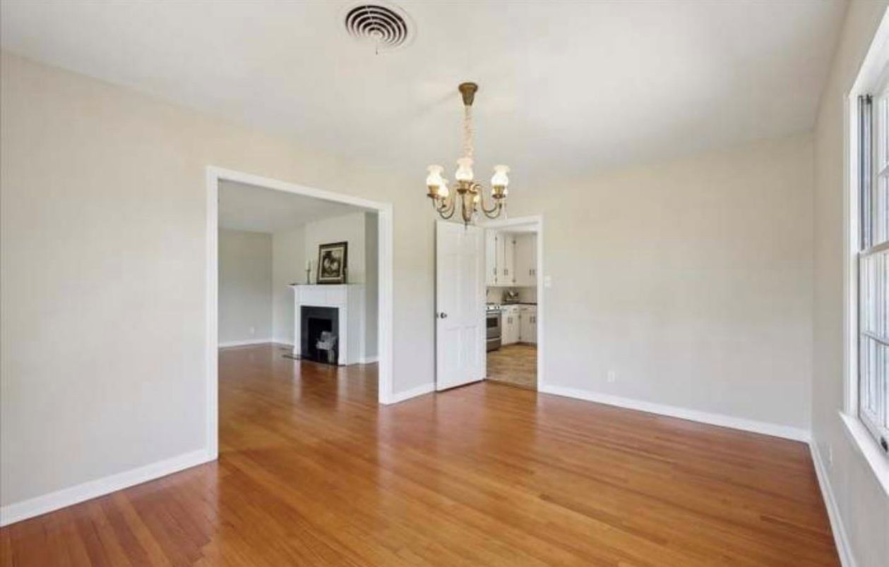 Chandelier, Empty room, Fireplace, Interior, Kitchen, Wood Texture Flooring