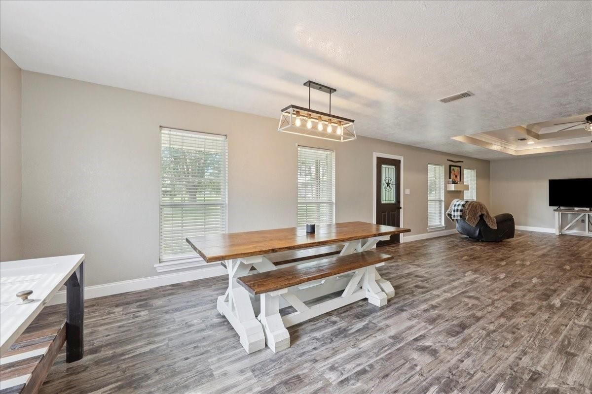Dining room, Interior, Pendant Lights, Recessed Lighting, Wood Texture Flooring