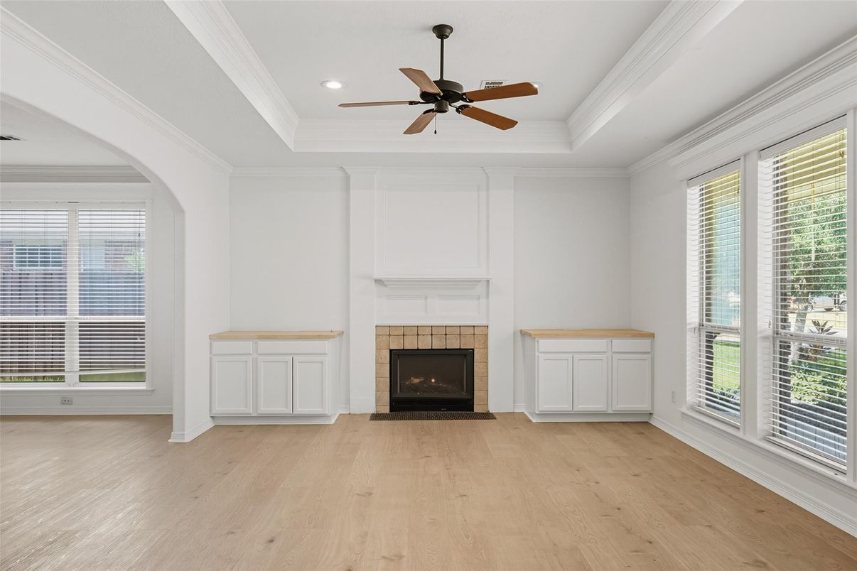 Empty room, Fireplace, Interior, Recessed Lighting, Wood Texture Flooring