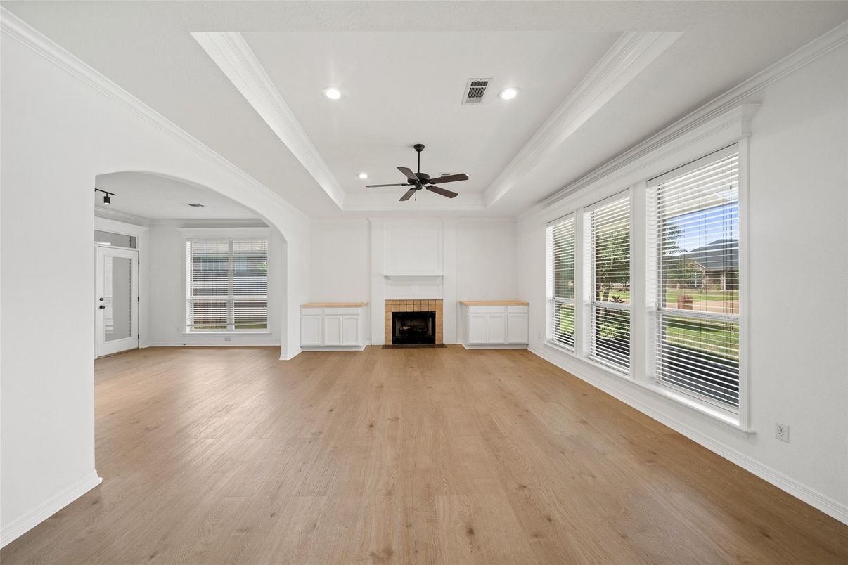 Empty room, Fireplace, Interior, Recessed Lighting, Wood Texture Flooring