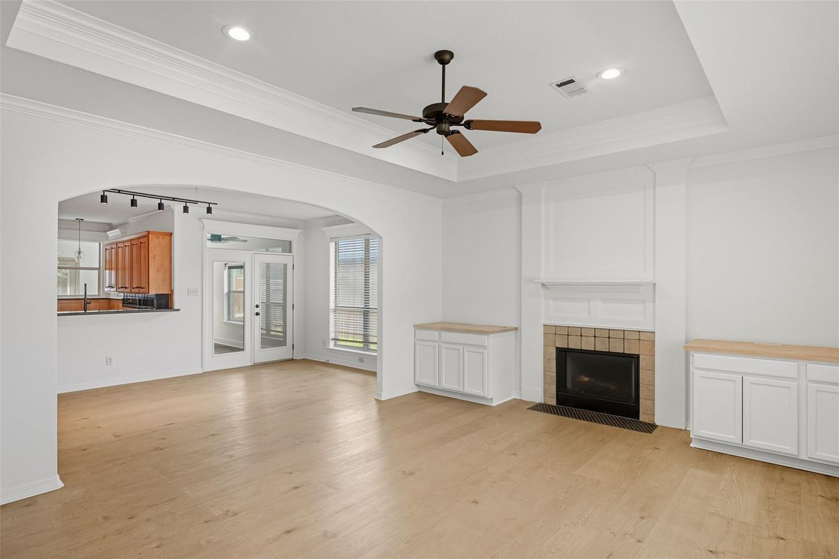 Empty room, Fireplace, Interior, Recessed Lighting, Wood Texture Flooring