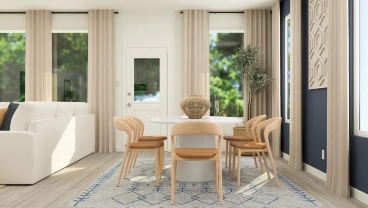 Dining room, Interior, Recessed Lighting, Wood Texture Flooring