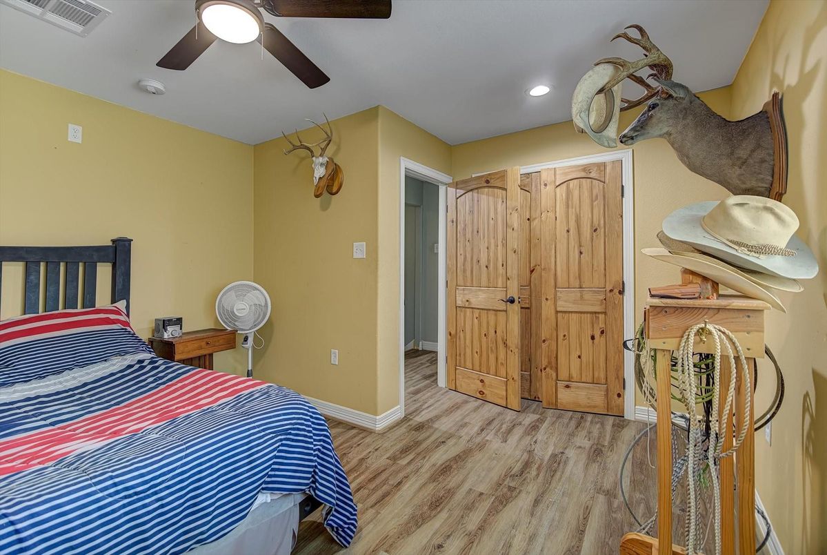 Bedroom, Interior, Recessed Lighting, Wood Texture Flooring