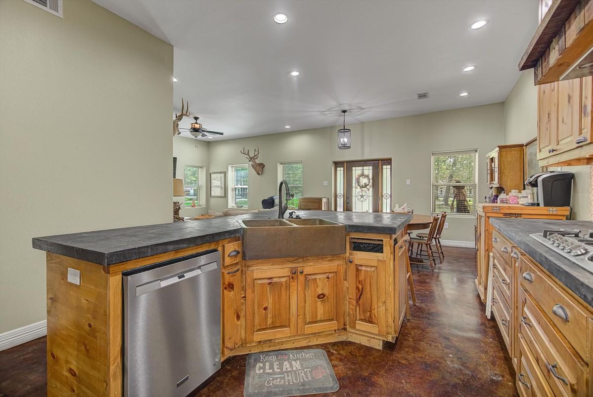 Dining room, Interior, Kitchen, Pendant Lights, Recessed Lighting, Wood Texture Flooring