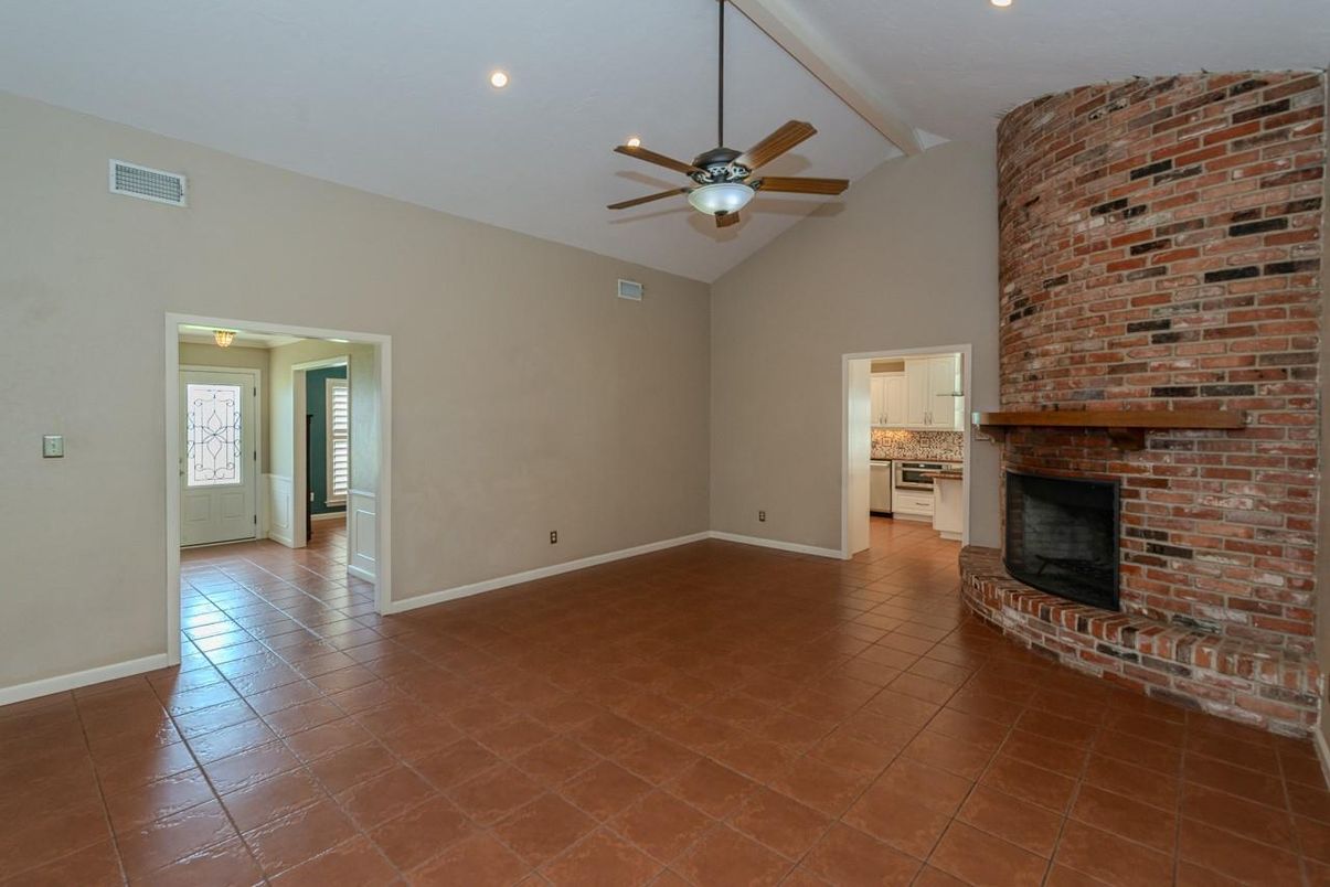 Empty room, Fireplace, Interior, Recessed Lighting, Stone Walls