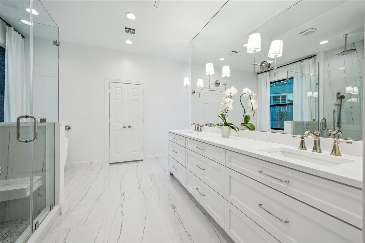 Bathroom, Dual Sink Vanities, Glass Shower, Interior, Marble, Recessed Lighting