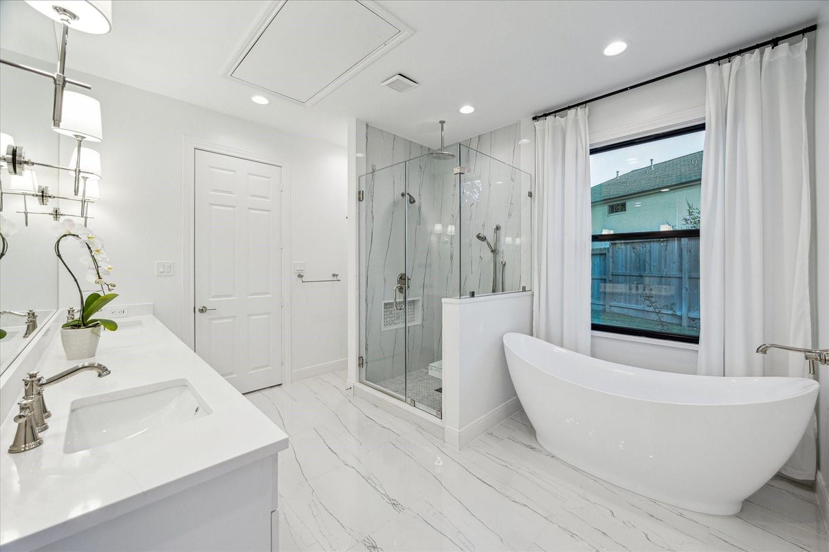 Bathroom, Dual Sink Vanities, Free Standing Baths, Glass Shower, Interior, Marble, Marble Walls, Recessed Lighting