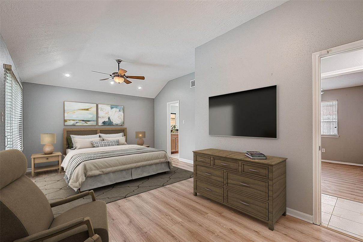 Bedroom, Interior, Recessed Lighting, Wood Texture Flooring