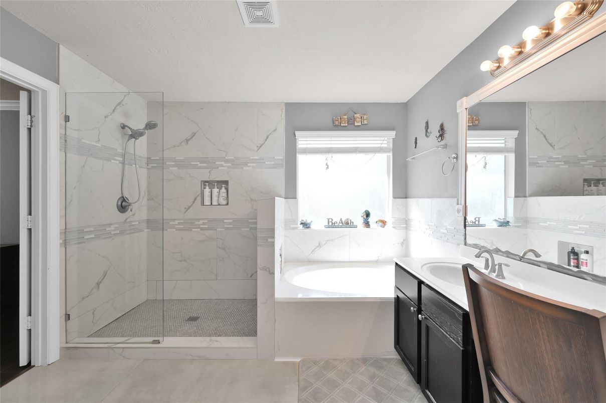 Bathroom, Dual Sink Vanities, Glass Shower, Interior, Marble Walls