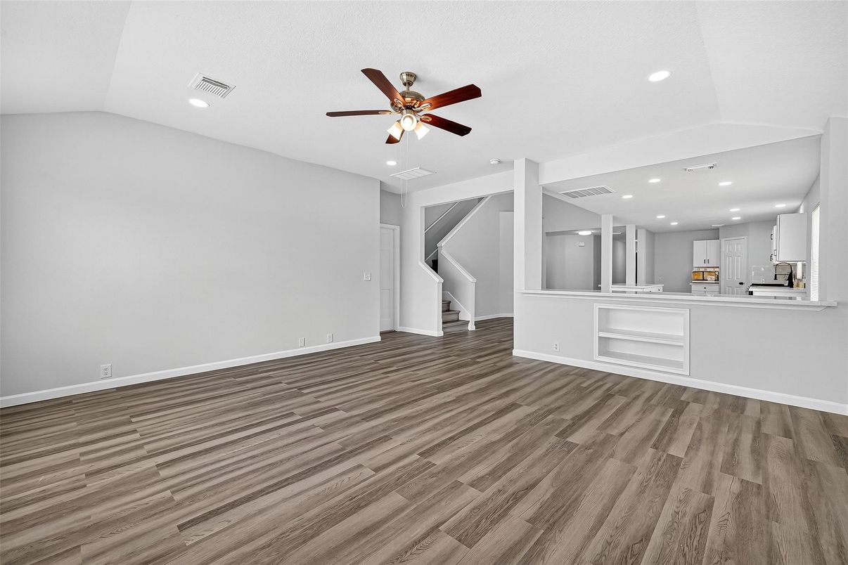 Empty room, Interior, Kitchen, Recessed Lighting, Wood Texture Flooring