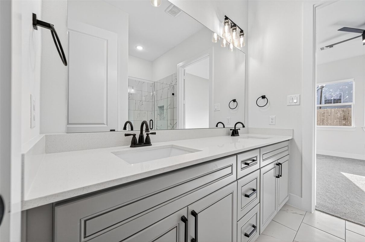 Bathroom, Dual Sink Vanities, Glass Shower, Interior, Recessed Lighting