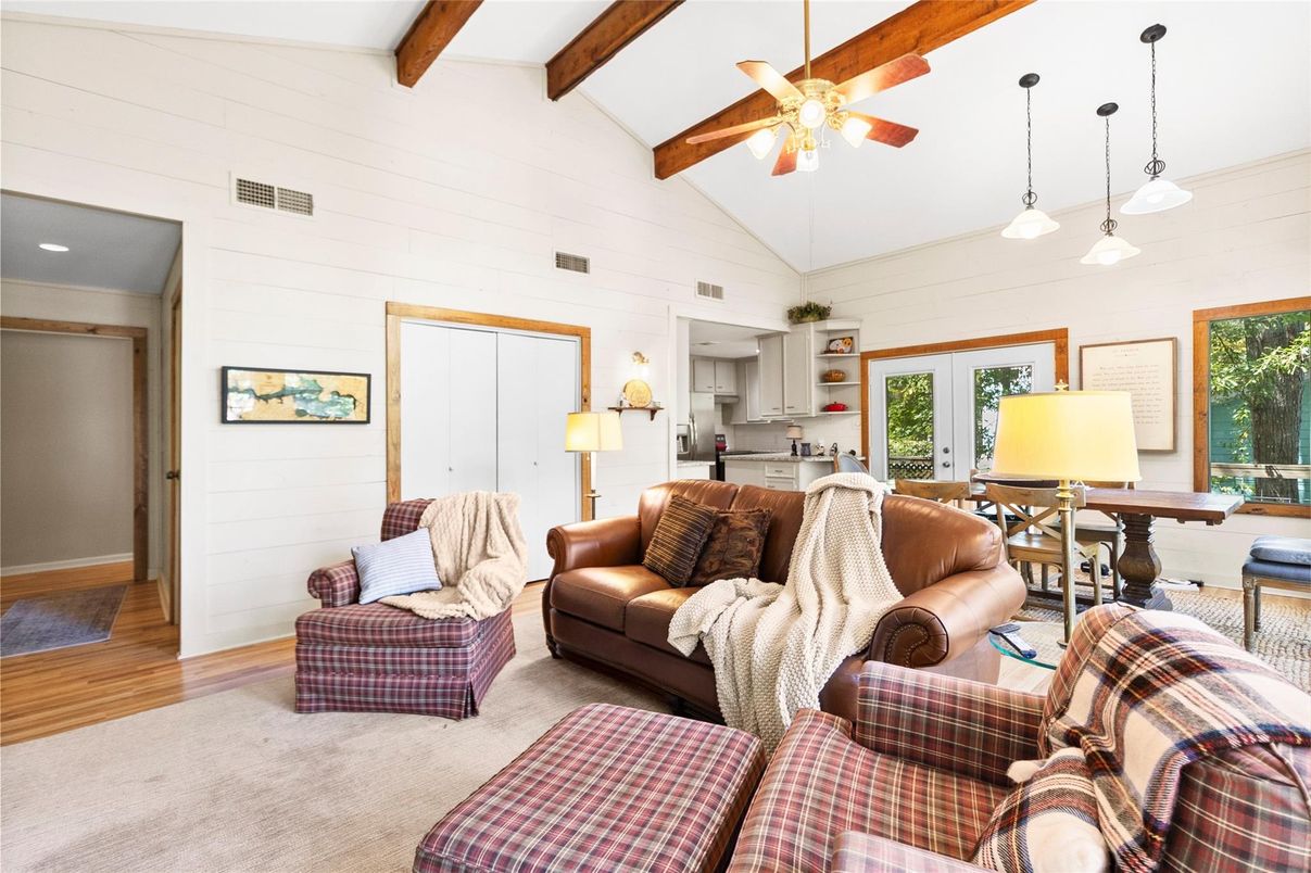 Dining room, Interior, Living room, Pendant Lights, Wooden Beams, Wood Texture Flooring