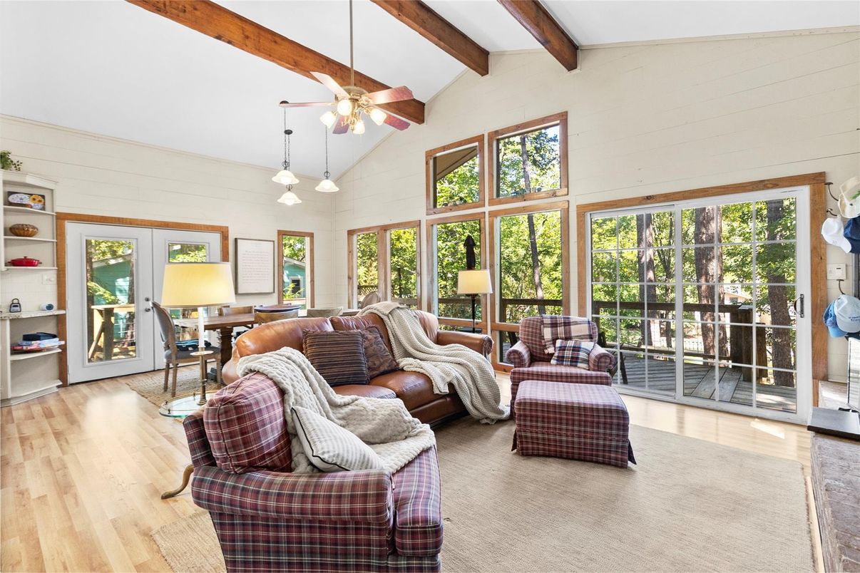 Dining room, Interior, Living room, Pendant Lights, Wooden Beams, Wood Texture Flooring