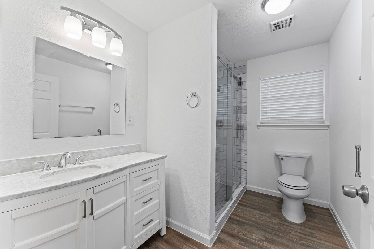 Bathroom, Glass Shower, Interior, Wood Texture Flooring