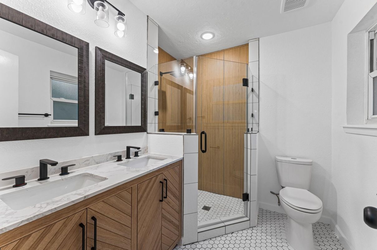 Bathroom, Dual Sink Vanities, Glass Shower, Interior, Recessed Lighting