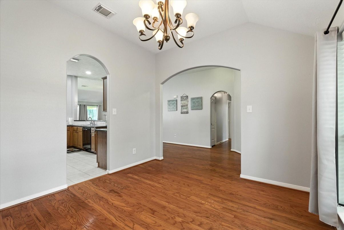 Chandelier, Empty room, Interior, Recessed Lighting, Wood Texture Flooring