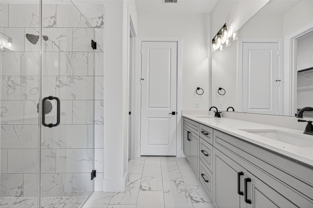 Bathroom, Dual Sink Vanities, Glass Shower, Interior, Marble, Marble Walls