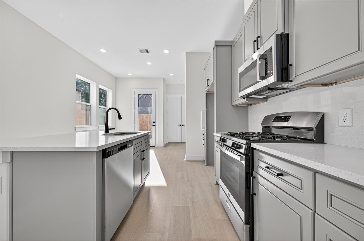 Interior, Kitchen, Recessed Lighting, Stainless Steel Appliances, Wood Texture Flooring