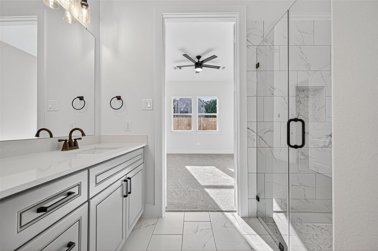 Bathroom, Dual Sink Vanities, Glass Shower, Interior, Marble, Marble Walls