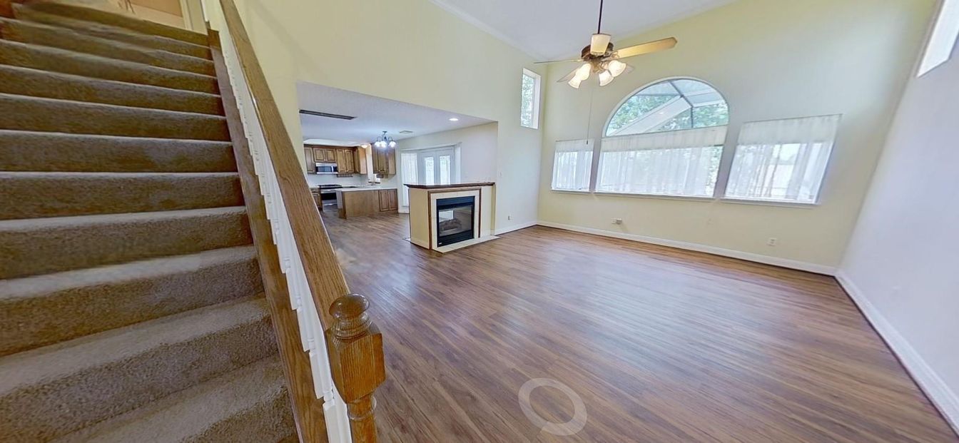Chandelier, Empty room, Fireplace, Interior, Pendant Lights, Recessed Lighting, Wood Texture Flooring