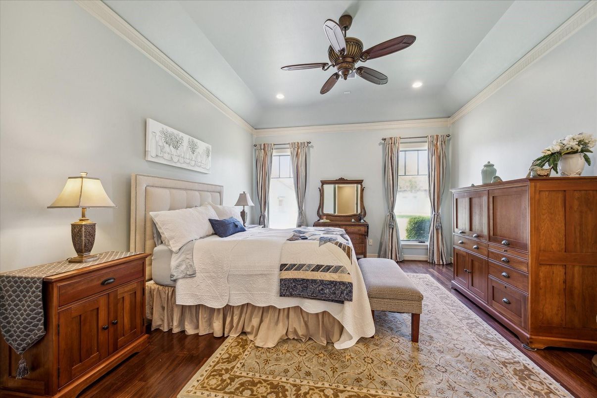 Bedroom, Interior, Recessed Lighting, Wood Texture Flooring