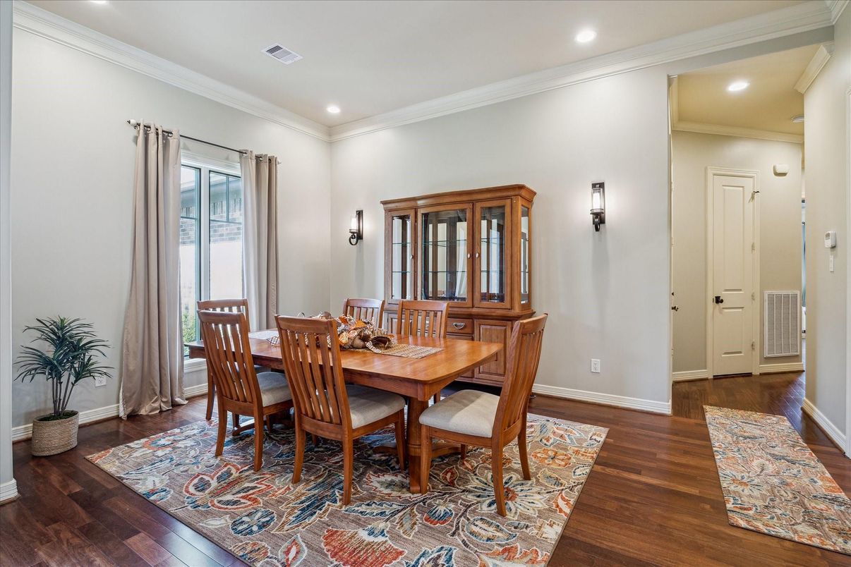 Dining room, Interior, Recessed Lighting, Wood Texture Flooring