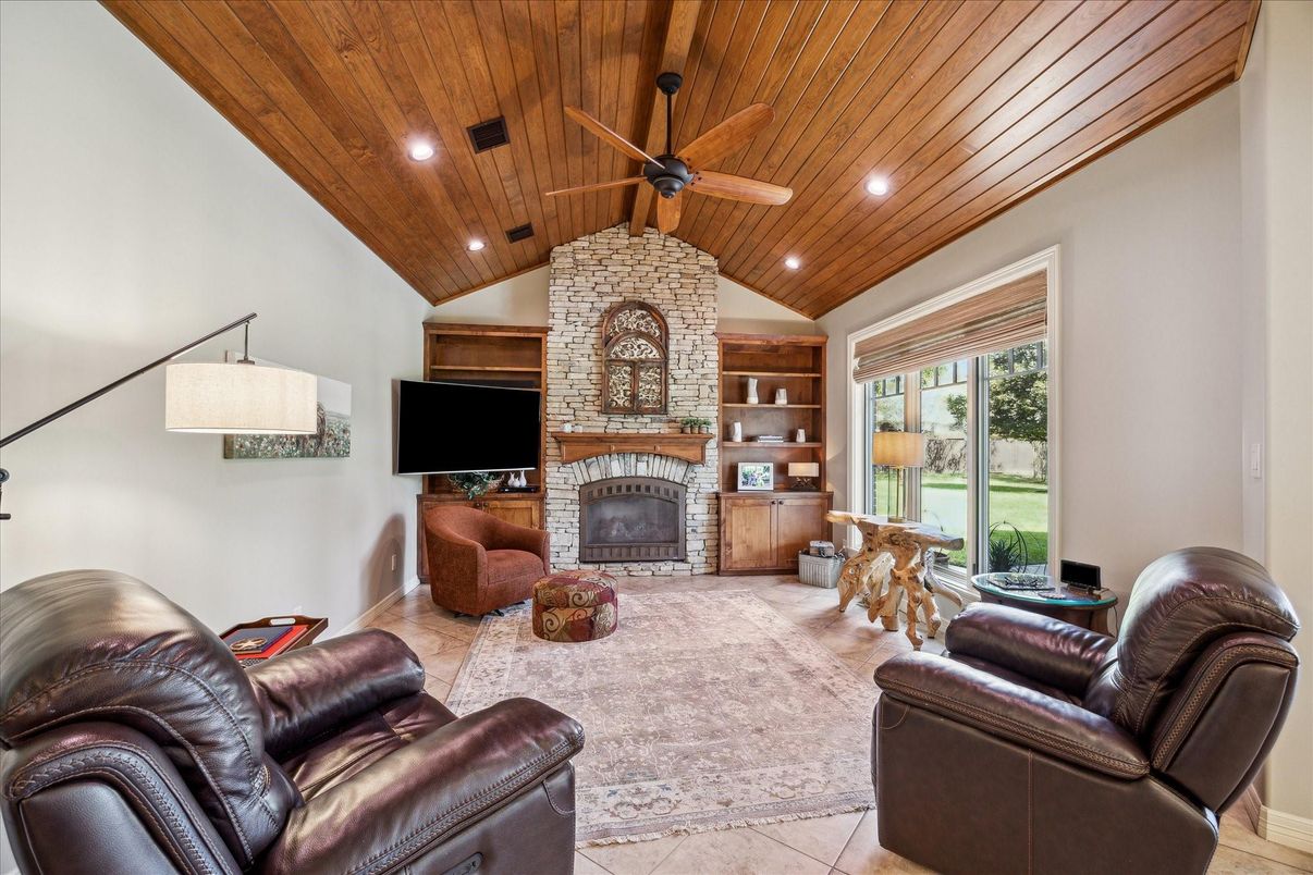 Fireplace, Interior, Living room, Recessed Lighting, Stone Walls, Wooden Ceilings