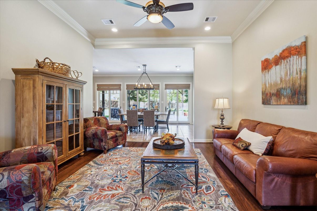 Dining room, Interior, Living room, Pendant Lights, Recessed Lighting, Wood Texture Flooring