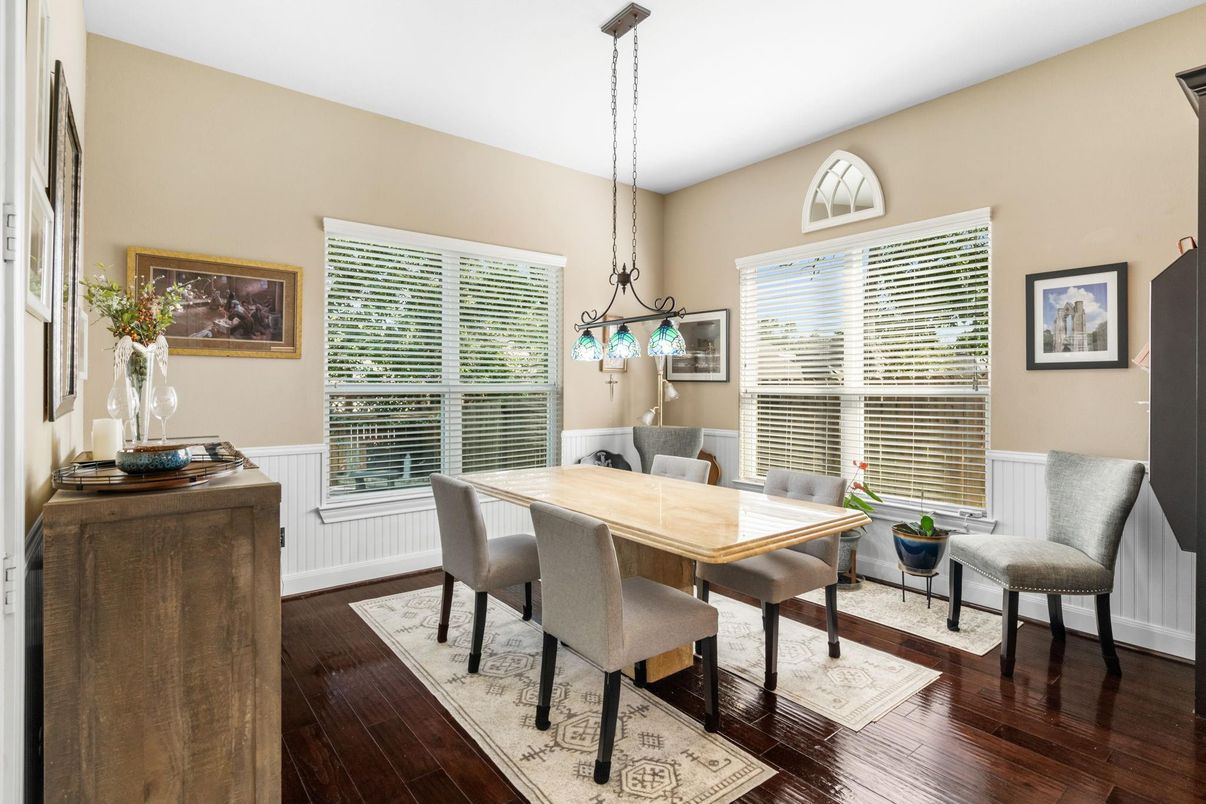 Dining room, Interior, Pendant Lights, Wood Texture Flooring
