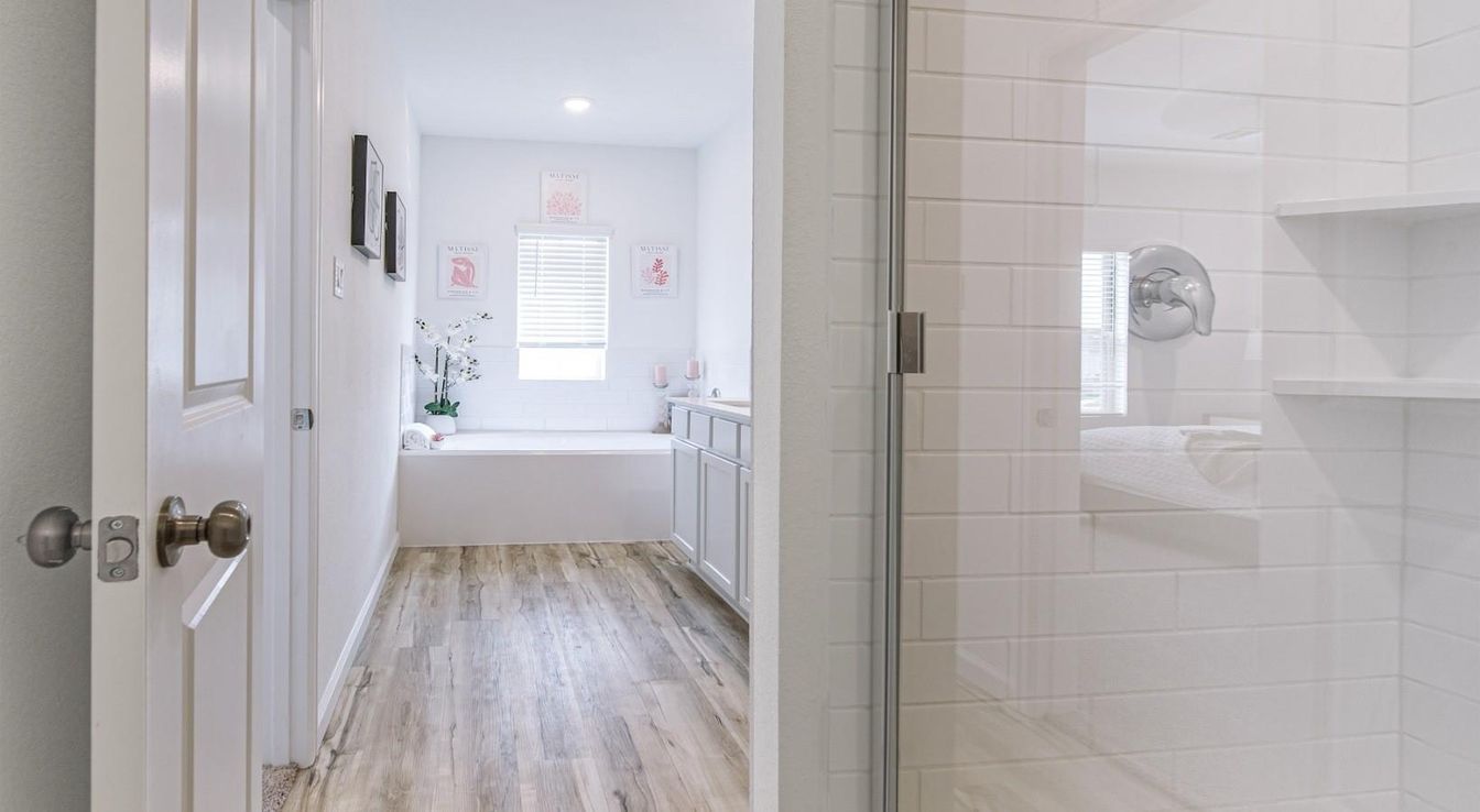 Bathroom, Glass Shower, Interior, Recessed Lighting, Wood Texture Flooring