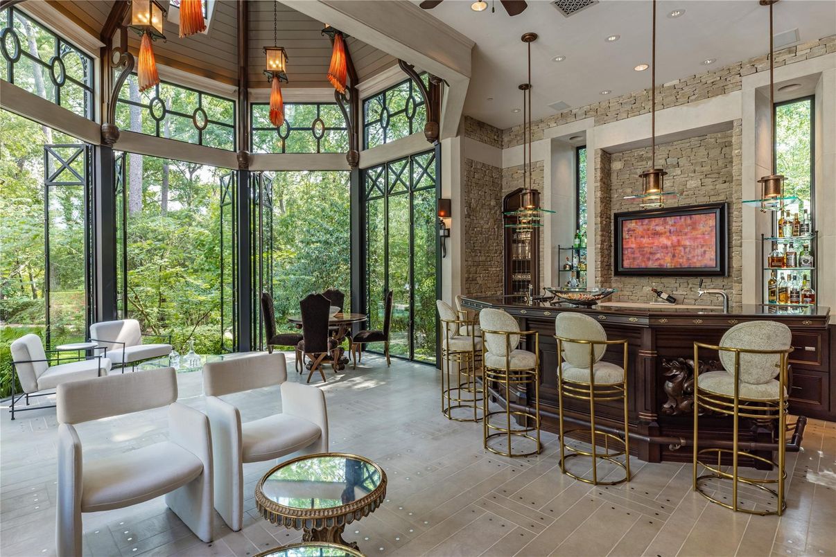 Interior, Pendant Lights, Recessed Lighting, Stone Walls, Sun Room, Wood Texture Flooring