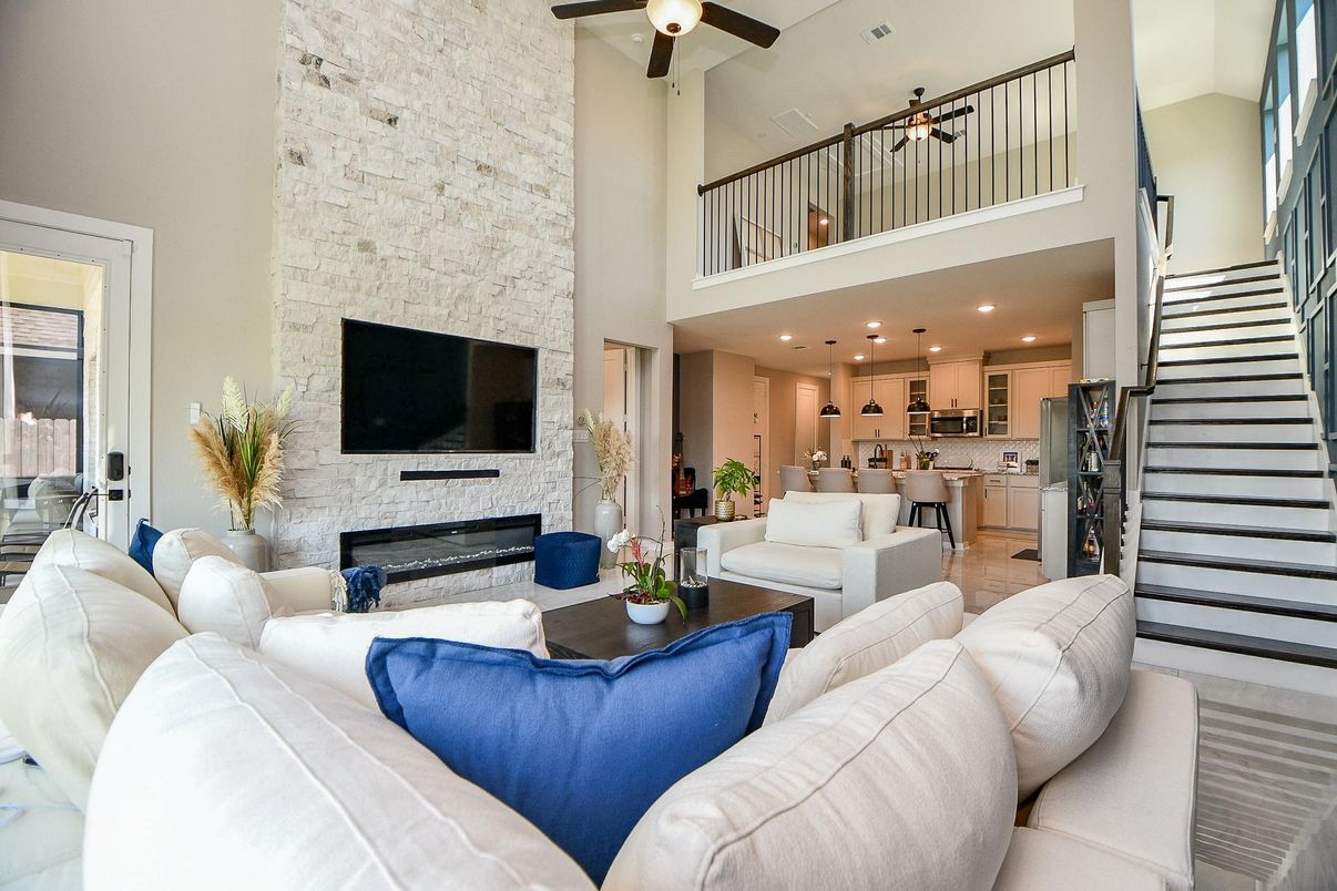 Fireplace, Interior, Kitchen, Living room, Recessed Lighting, Stone Walls