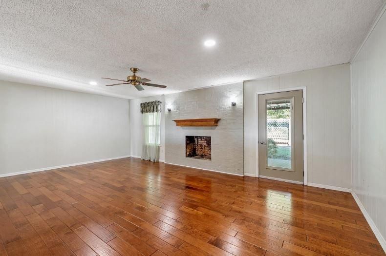 Empty room, Fireplace, Interior, Recessed Lighting, Wood Texture Flooring