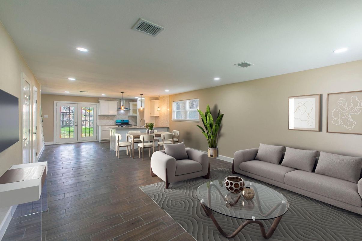 Dining room, Interior, Kitchen, Living room, Pendant Lights, Recessed Lighting, Wood Texture Flooring